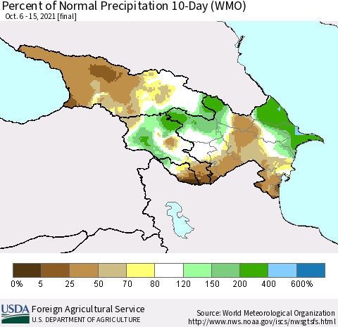 Azerbaijan, Armenia and Georgia Percent of Normal Precipitation 10-Day (WMO) Thematic Map For 10/6/2021 - 10/15/2021