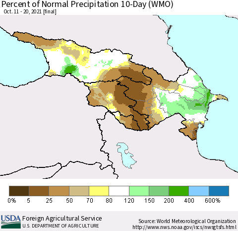 Azerbaijan, Armenia and Georgia Percent of Normal Precipitation 10-Day (WMO) Thematic Map For 10/11/2021 - 10/20/2021
