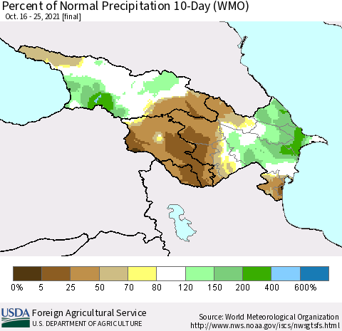 Azerbaijan, Armenia and Georgia Percent of Normal Precipitation 10-Day (WMO) Thematic Map For 10/16/2021 - 10/25/2021