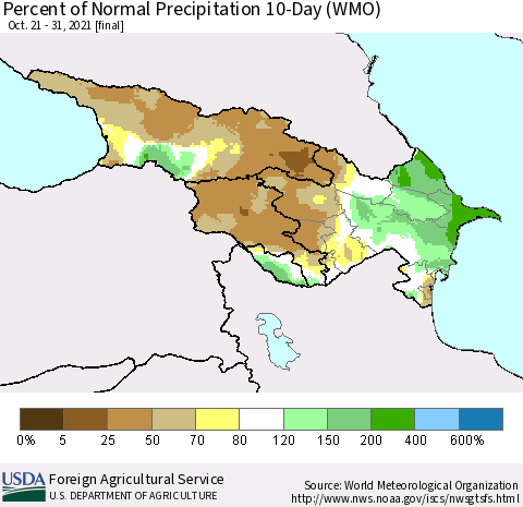 Azerbaijan, Armenia and Georgia Percent of Normal Precipitation 10-Day (WMO) Thematic Map For 10/21/2021 - 10/31/2021