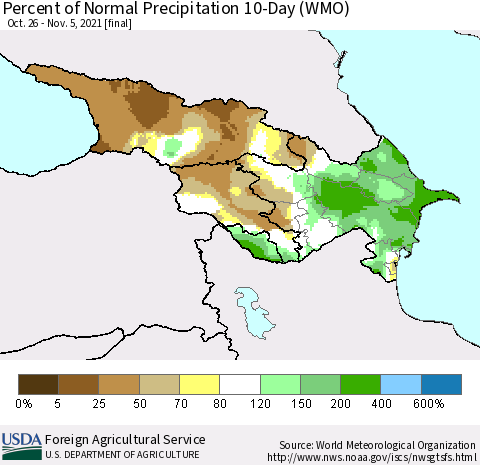 Azerbaijan, Armenia and Georgia Percent of Normal Precipitation 10-Day (WMO) Thematic Map For 10/26/2021 - 11/5/2021