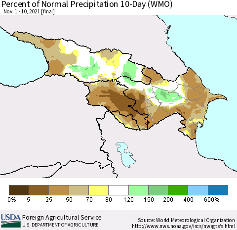 Azerbaijan, Armenia and Georgia Percent of Normal Precipitation 10-Day (WMO) Thematic Map For 11/1/2021 - 11/10/2021