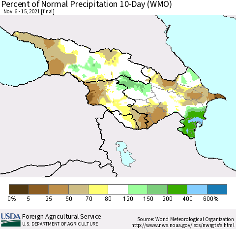 Azerbaijan, Armenia and Georgia Percent of Normal Precipitation 10-Day (WMO) Thematic Map For 11/6/2021 - 11/15/2021