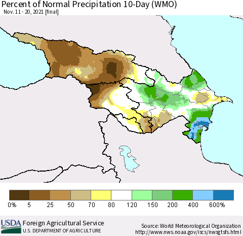 Azerbaijan, Armenia and Georgia Percent of Normal Precipitation 10-Day (WMO) Thematic Map For 11/11/2021 - 11/20/2021