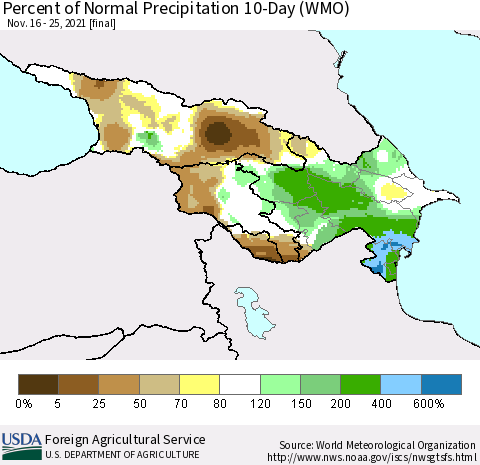 Azerbaijan, Armenia and Georgia Percent of Normal Precipitation 10-Day (WMO) Thematic Map For 11/16/2021 - 11/25/2021
