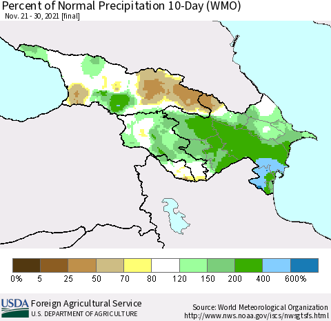 Azerbaijan, Armenia and Georgia Percent of Normal Precipitation 10-Day (WMO) Thematic Map For 11/21/2021 - 11/30/2021