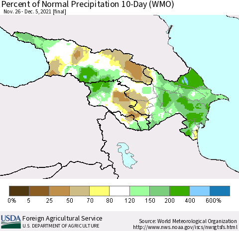 Azerbaijan, Armenia and Georgia Percent of Normal Precipitation 10-Day (WMO) Thematic Map For 11/26/2021 - 12/5/2021