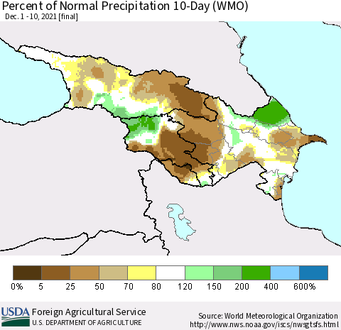 Azerbaijan, Armenia and Georgia Percent of Normal Precipitation 10-Day (WMO) Thematic Map For 12/1/2021 - 12/10/2021