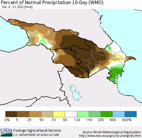 Azerbaijan, Armenia and Georgia Percent of Normal Precipitation 10-Day (WMO) Thematic Map For 12/6/2021 - 12/15/2021