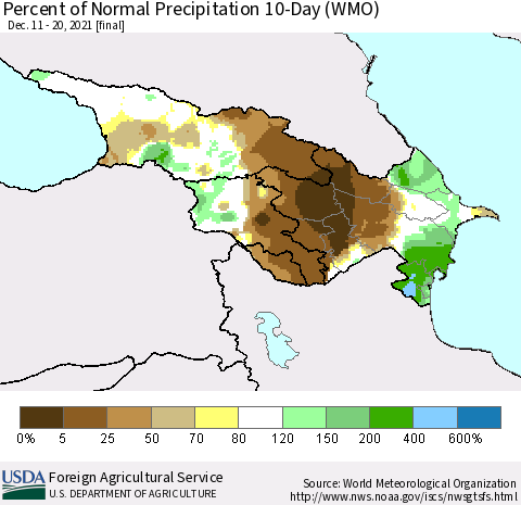 Azerbaijan, Armenia and Georgia Percent of Normal Precipitation 10-Day (WMO) Thematic Map For 12/11/2021 - 12/20/2021