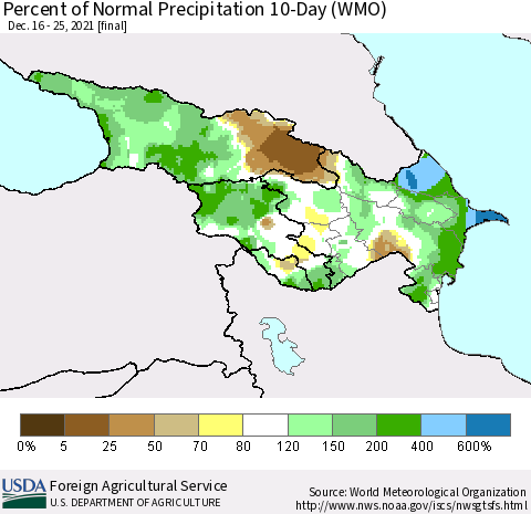 Azerbaijan, Armenia and Georgia Percent of Normal Precipitation 10-Day (WMO) Thematic Map For 12/16/2021 - 12/25/2021