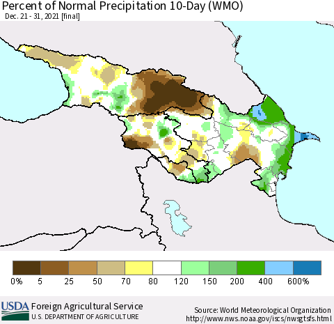 Azerbaijan, Armenia and Georgia Percent of Normal Precipitation 10-Day (WMO) Thematic Map For 12/21/2021 - 12/31/2021