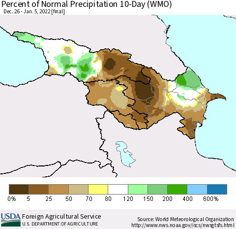 Azerbaijan, Armenia and Georgia Percent of Normal Precipitation 10-Day (WMO) Thematic Map For 12/26/2021 - 1/5/2022