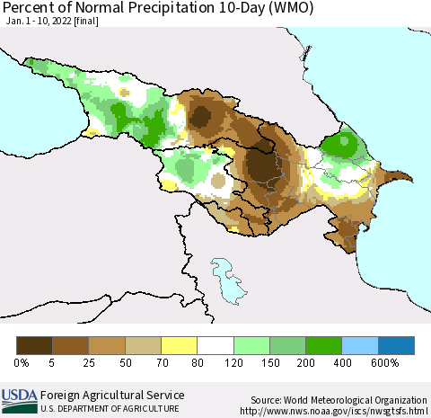 Azerbaijan, Armenia and Georgia Percent of Normal Precipitation 10-Day (WMO) Thematic Map For 1/1/2022 - 1/10/2022
