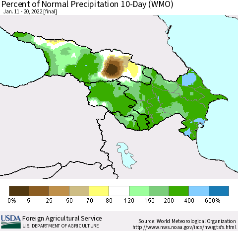 Azerbaijan, Armenia and Georgia Percent of Normal Precipitation 10-Day (WMO) Thematic Map For 1/11/2022 - 1/20/2022