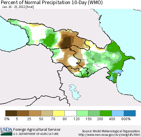 Azerbaijan, Armenia and Georgia Percent of Normal Precipitation 10-Day (WMO) Thematic Map For 1/16/2022 - 1/25/2022