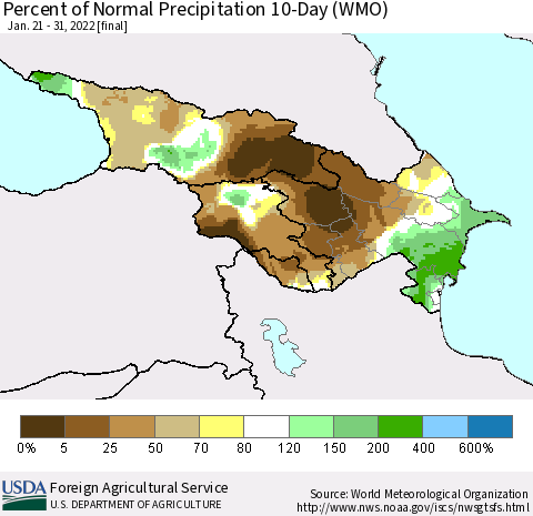 Azerbaijan, Armenia and Georgia Percent of Normal Precipitation 10-Day (WMO) Thematic Map For 1/21/2022 - 1/31/2022