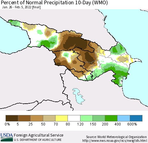 Azerbaijan, Armenia and Georgia Percent of Normal Precipitation 10-Day (WMO) Thematic Map For 1/26/2022 - 2/5/2022