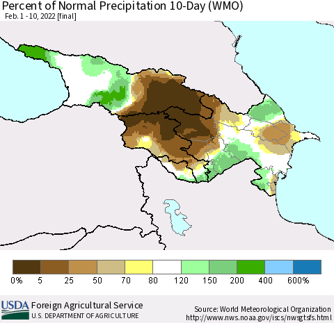 Azerbaijan, Armenia and Georgia Percent of Normal Precipitation 10-Day (WMO) Thematic Map For 2/1/2022 - 2/10/2022
