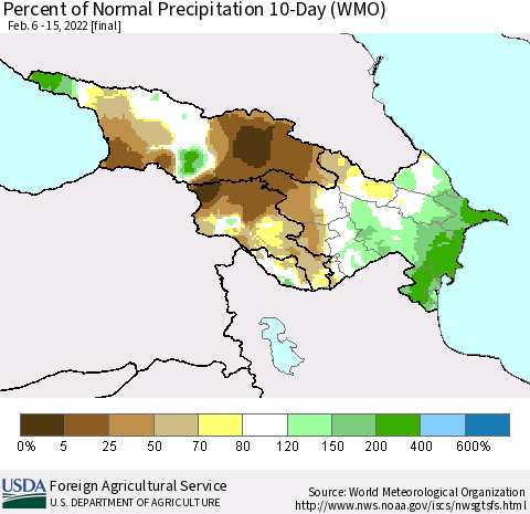 Azerbaijan, Armenia and Georgia Percent of Normal Precipitation 10-Day (WMO) Thematic Map For 2/6/2022 - 2/15/2022