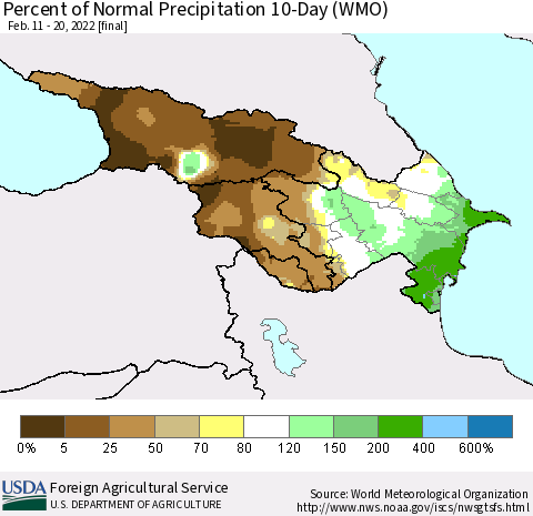 Azerbaijan, Armenia and Georgia Percent of Normal Precipitation 10-Day (WMO) Thematic Map For 2/11/2022 - 2/20/2022