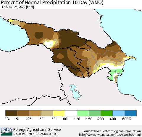 Azerbaijan, Armenia and Georgia Percent of Normal Precipitation 10-Day (WMO) Thematic Map For 2/16/2022 - 2/25/2022