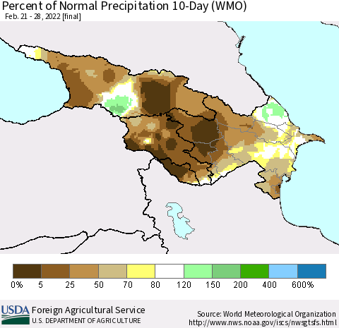 Azerbaijan, Armenia and Georgia Percent of Normal Precipitation 10-Day (WMO) Thematic Map For 2/21/2022 - 2/28/2022