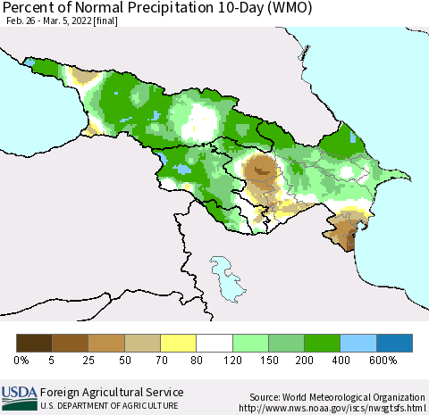 Azerbaijan, Armenia and Georgia Percent of Normal Precipitation 10-Day (WMO) Thematic Map For 2/26/2022 - 3/5/2022