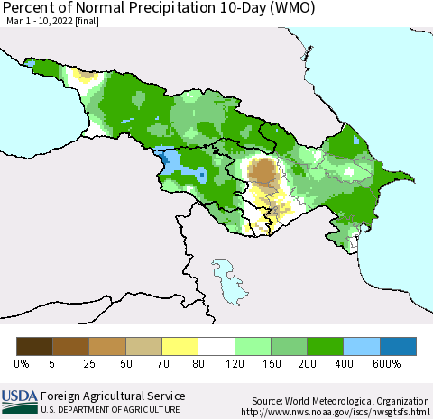 Azerbaijan, Armenia and Georgia Percent of Normal Precipitation 10-Day (WMO) Thematic Map For 3/1/2022 - 3/10/2022