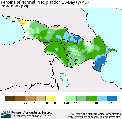 Azerbaijan, Armenia and Georgia Percent of Normal Precipitation 10-Day (WMO) Thematic Map For 3/6/2022 - 3/15/2022