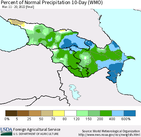 Azerbaijan, Armenia and Georgia Percent of Normal Precipitation 10-Day (WMO) Thematic Map For 3/11/2022 - 3/20/2022