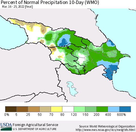 Azerbaijan, Armenia and Georgia Percent of Normal Precipitation 10-Day (WMO) Thematic Map For 3/16/2022 - 3/25/2022