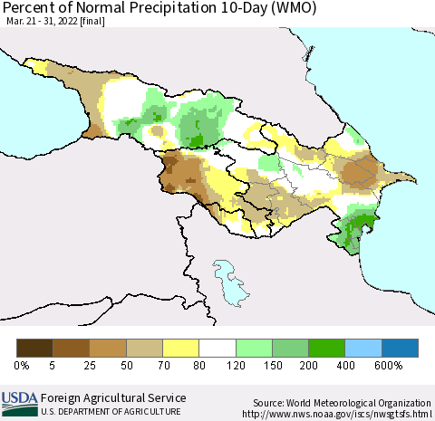 Azerbaijan, Armenia and Georgia Percent of Normal Precipitation 10-Day (WMO) Thematic Map For 3/21/2022 - 3/31/2022