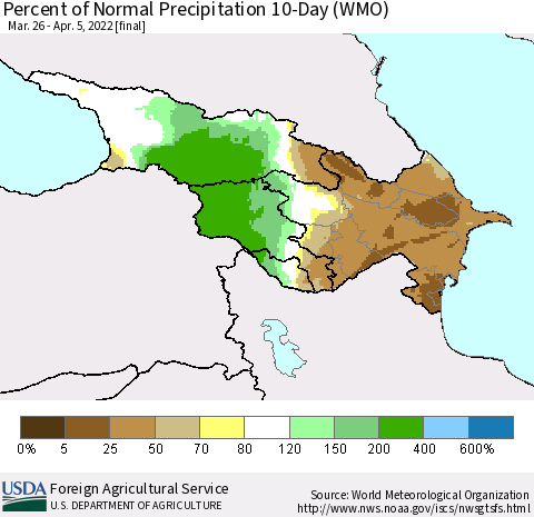 Azerbaijan, Armenia and Georgia Percent of Normal Precipitation 10-Day (WMO) Thematic Map For 3/26/2022 - 4/5/2022
