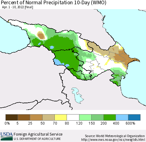 Azerbaijan, Armenia and Georgia Percent of Normal Precipitation 10-Day (WMO) Thematic Map For 4/1/2022 - 4/10/2022