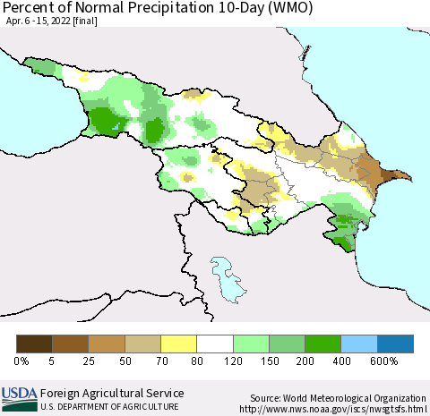 Azerbaijan, Armenia and Georgia Percent of Normal Precipitation 10-Day (WMO) Thematic Map For 4/6/2022 - 4/15/2022