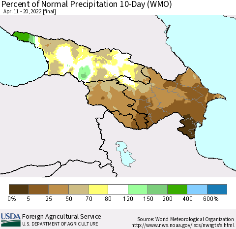 Azerbaijan, Armenia and Georgia Percent of Normal Precipitation 10-Day (WMO) Thematic Map For 4/11/2022 - 4/20/2022