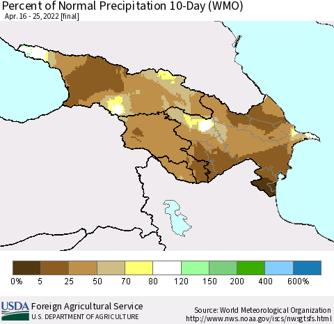 Azerbaijan, Armenia and Georgia Percent of Normal Precipitation 10-Day (WMO) Thematic Map For 4/16/2022 - 4/25/2022