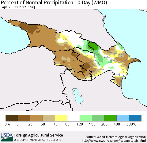 Azerbaijan, Armenia and Georgia Percent of Normal Precipitation 10-Day (WMO) Thematic Map For 4/21/2022 - 4/30/2022