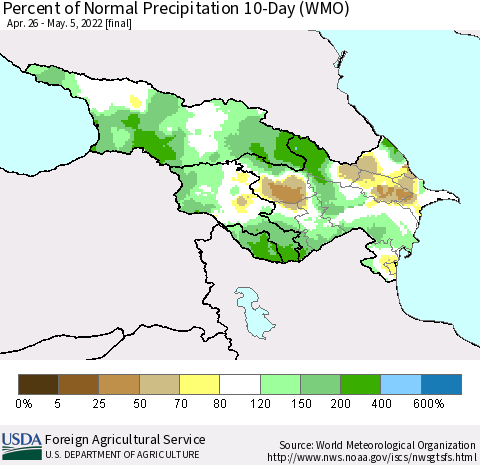 Azerbaijan, Armenia and Georgia Percent of Normal Precipitation 10-Day (WMO) Thematic Map For 4/26/2022 - 5/5/2022