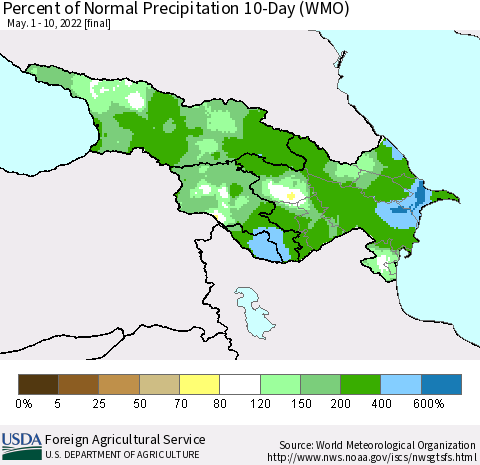 Azerbaijan, Armenia and Georgia Percent of Normal Precipitation 10-Day (WMO) Thematic Map For 5/1/2022 - 5/10/2022