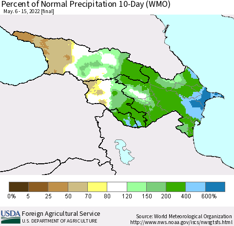 Azerbaijan, Armenia and Georgia Percent of Normal Precipitation 10-Day (WMO) Thematic Map For 5/6/2022 - 5/15/2022