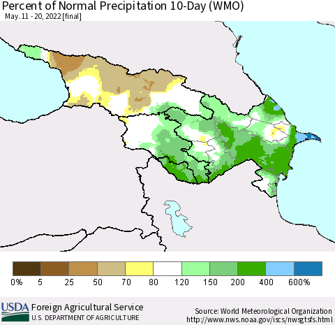 Azerbaijan, Armenia and Georgia Percent of Normal Precipitation 10-Day (WMO) Thematic Map For 5/11/2022 - 5/20/2022