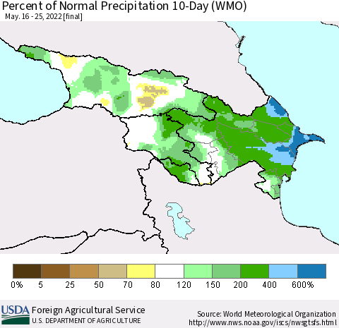 Azerbaijan, Armenia and Georgia Percent of Normal Precipitation 10-Day (WMO) Thematic Map For 5/16/2022 - 5/25/2022