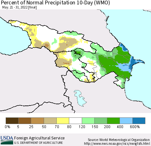 Azerbaijan, Armenia and Georgia Percent of Normal Precipitation 10-Day (WMO) Thematic Map For 5/21/2022 - 5/31/2022