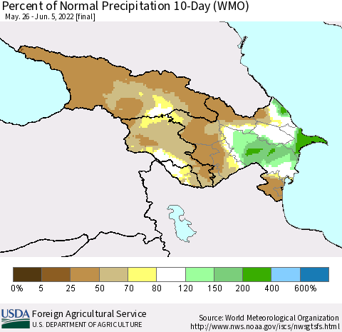 Azerbaijan, Armenia and Georgia Percent of Normal Precipitation 10-Day (WMO) Thematic Map For 5/26/2022 - 6/5/2022