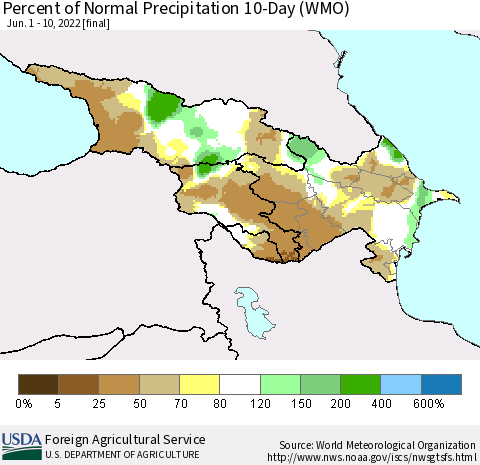 Azerbaijan, Armenia and Georgia Percent of Normal Precipitation 10-Day (WMO) Thematic Map For 6/1/2022 - 6/10/2022