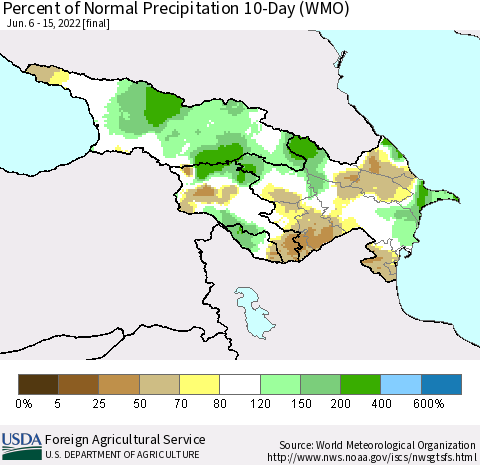 Azerbaijan, Armenia and Georgia Percent of Normal Precipitation 10-Day (WMO) Thematic Map For 6/6/2022 - 6/15/2022