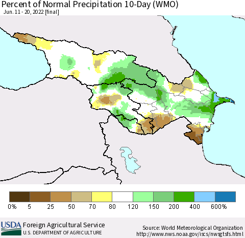 Azerbaijan, Armenia and Georgia Percent of Normal Precipitation 10-Day (WMO) Thematic Map For 6/11/2022 - 6/20/2022