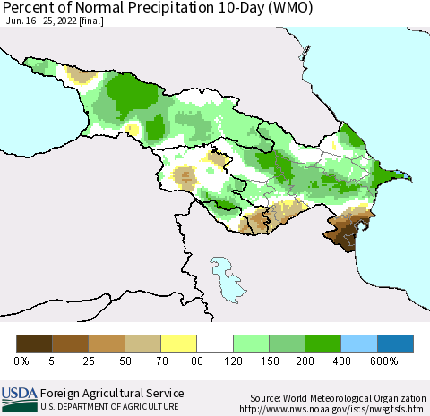 Azerbaijan, Armenia and Georgia Percent of Normal Precipitation 10-Day (WMO) Thematic Map For 6/16/2022 - 6/25/2022